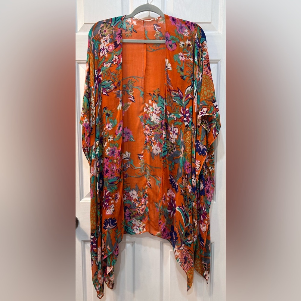 Women's Orange Floral Open Kimono - Lightweight Draped Top